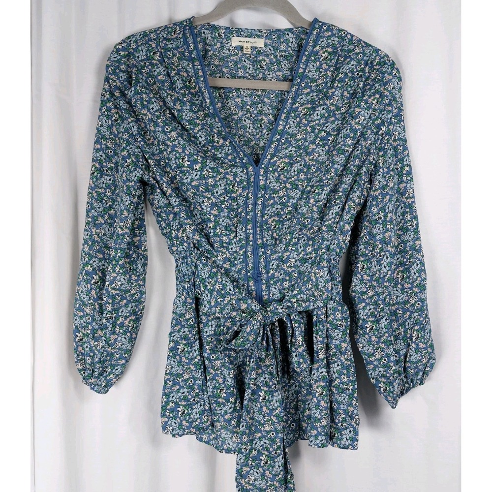 Max Studio Blue Floral 3/4 Sleeve Waist Tie Blouse Top Sz Small Smocked Waist